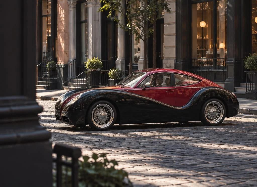 Red-and-black Model O1 on a cobblestone street in warm sunlight