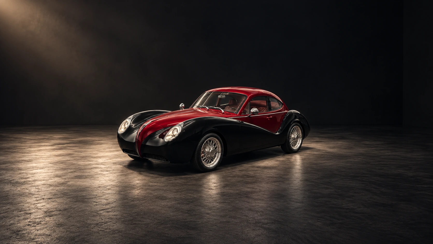 Red and black Model O1 in a dark studio — development visualization